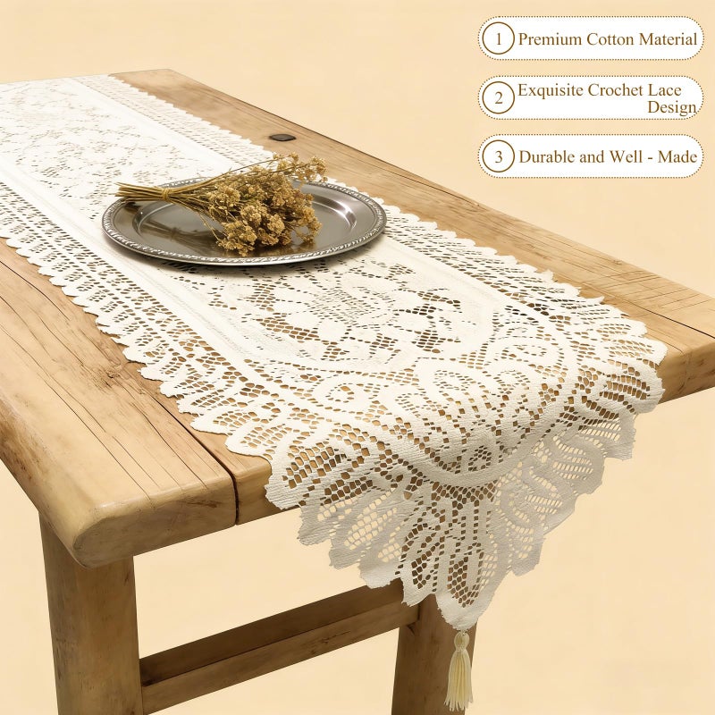 Tinsow 2 Pack Cotton Crochet Lace Rectangular Table Runner Dresser Scarf Doilies (Beige) - Image 4